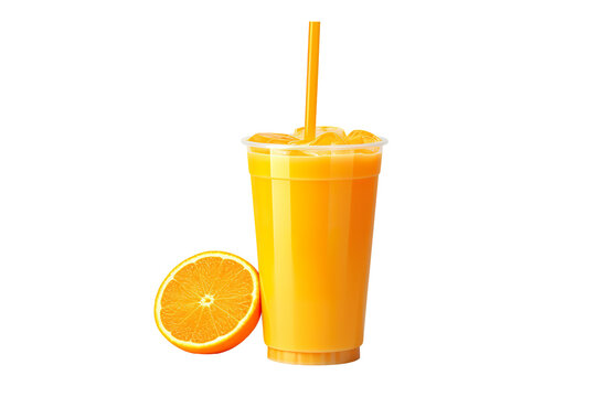 3D render of a cup of orange juice, set against a stark white background PNG