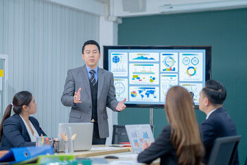 Office Conference Business Meeting Presentation: asian Business people group meeting Talks, Uses Wall TV to Show Company Growth with Big Data Analysis, Graphs, Charts, Infographics, e-Commerce Startup