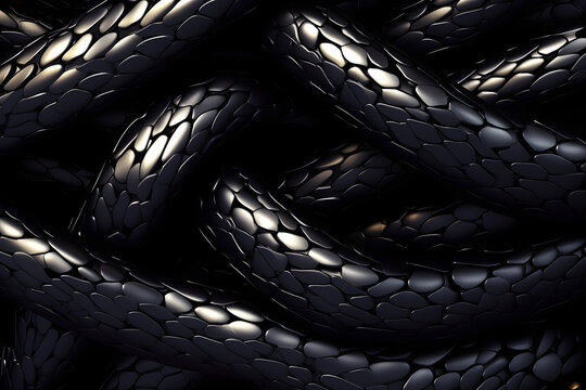 3d render, abstract background with black snake with metallic scales texture