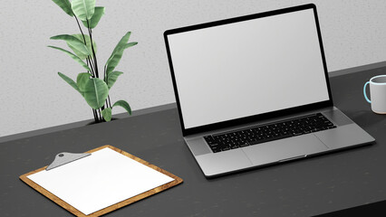 white paper on clipboard for write something, checklist, note and empty laptop screen. 3d rendering mockup top view on black background