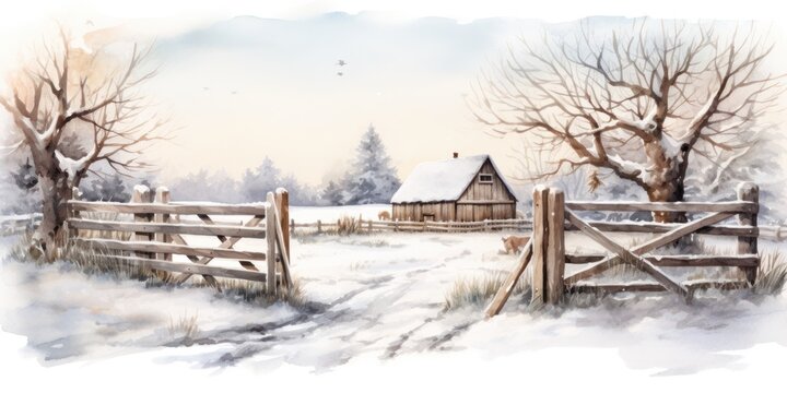 watercolor painting of old wooden fence with half open rickety gate, winter scene, generative AI