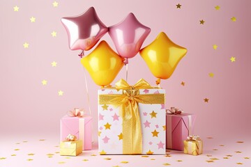 a gift box with balloons and gold stars on a pink background, in the style of ready-made objects, yellow, collage-based, spatial, spirals, contemporary candy-coated, delicate