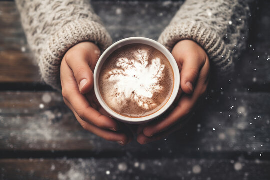 Close-up Of Female Hands Holding Cup With Hot Cocoa On Wooden Table