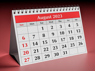 August 2023. One page of the annual business desk monthly calendar