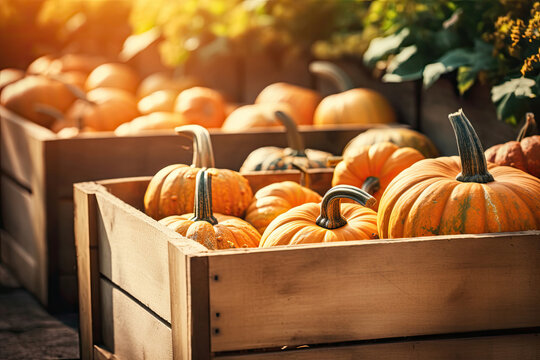 Wooden crates full of ripe pumpkins on the street market - Powered by Adobe