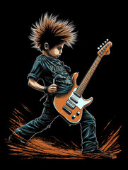 Young boy playing guitar in cartoon style illustration