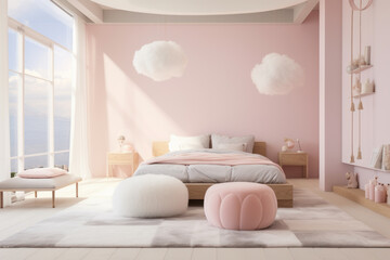 Fototapeta na wymiar Bedroom in doll pastel pink and blue tones on the clouds.