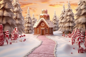 Gingerbread house in a forest of gingerbread trees. Christmas card.