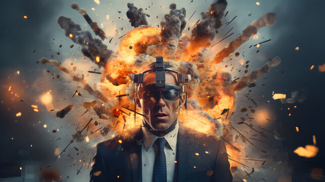  head explosion illustration of businessman in chaos
