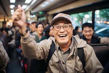 retired parents getting on the bus with a happy smile, Parents are Riding the Bus