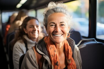 retired parents getting on the bus with a happy smile, Parents are Riding the Bus