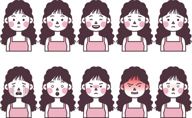 This is an illustration of a woman with a long perm expressing various emotions.