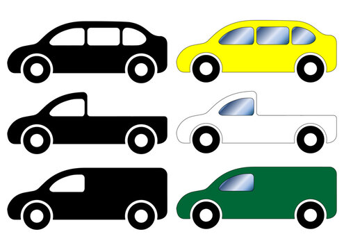 set of car and vehicle icons in color and silhouette