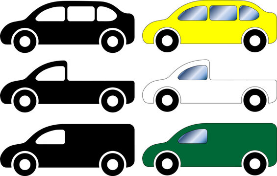 set of car and vehicle icons in color and silhouette