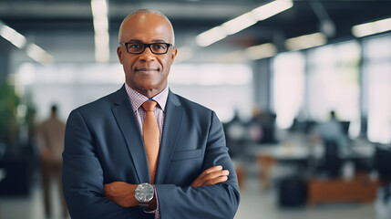 Portrait of confident senior businessman in suit, CEO with glasses and crossed arms