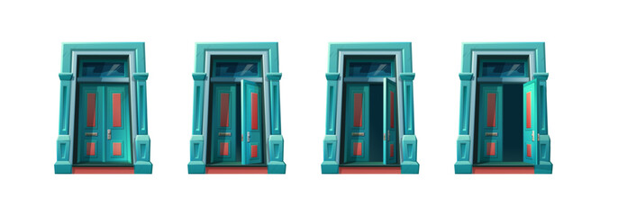 Vector cartoon style icon illustrations. Sprite animation for 2d game. Open old mansion door and stages of closed door, house entry.