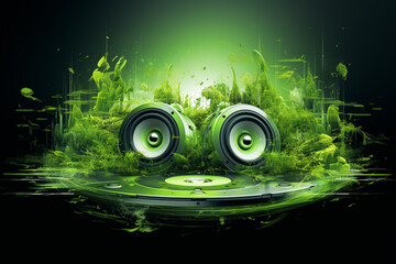 Sound Multimedia Soundsystem Hifi Audio Soundbox Lautsprecher Membran abstrakt grün Style im Querformat. Generative Ai. 