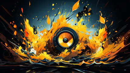 Obraz premium Sound Multimedia Soundsystem Hifi Audio Soundbox Lautsprecher Membran abstrakt gelber Style im Querformat. Generative Ai. 