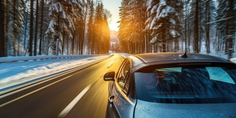  car driving on an asphalt road through winter snowy 