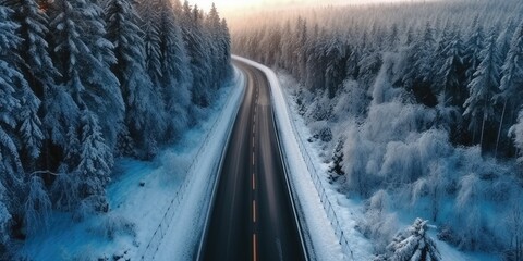 drone view of an asphalt road through a winter snowy forest