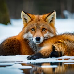 Fototapeta premium Cute fox with snow outdoors by generative AI