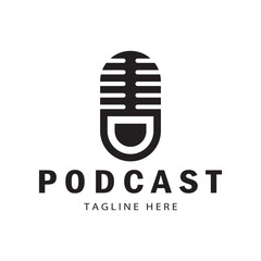 podcast logo with microphone and earphone audio, radio waves. for studio, talk show, chat, information sharing, interview, multimedia and web.