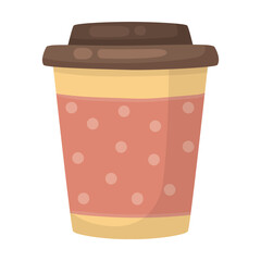 Paper cup with hot drink vector illustration. Cup with lid for coffee, latte or cappuccino isolated on white background. Beverage, coffee shop or break concept