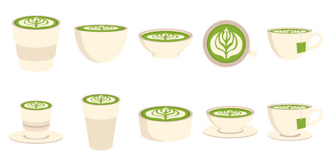 Set of matcha drink illustrations, matcha latte