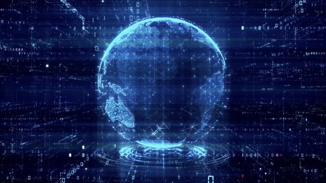 Looping 3D Cyberspace Animation Digital Planet Earth in Tunnel
