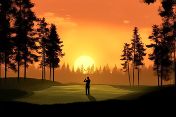 illustrated of Male golf player on professional golf course. Golfer with golf club taking a shot. Golfer hit sweeping driver after hitting golf ball down the fairway with sunrise background. Generativ