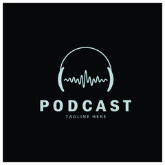 podcast logo with microphone and earphone audio, radio waves. for studio, talk show, chat, information sharing, interview, multimedia and web.