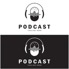 podcast logo with microphone and earphone audio, radio waves. for studio, talk show, chat, information sharing, interview, multimedia and web.