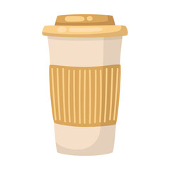 Paper cup for coffee or hot drink vector illustration. Cup with lid for coffee, latte or cappuccino isolated on white background. Beverage, coffee shop or break concept