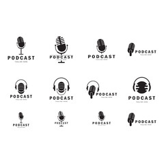 podcast logo with microphone and earphone audio, radio waves. for studio, talk show, chat, information sharing, interview, multimedia and web.