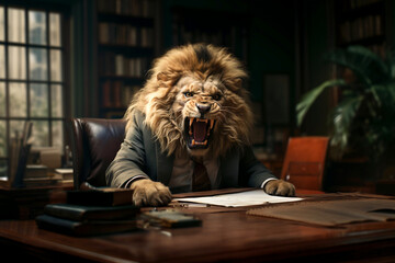 Irritated roaring male lion in expensive formal suit, king of beasts with mane, the big boss is sitting in a luxurious chair in the office room. Business management concept. Generative AI Technology