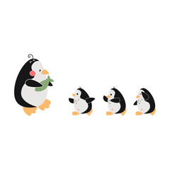 Comic mother penguin giving fish to kids vector illustration. Cartoon drawing of little penguin characters running towards mom isolated on white background. Family, food concept