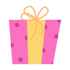 Pink gift box with bow vector illustration. Cartoon drawing of present with yellow ribbon isolated on white background. Christmas, birthday, celebration concept