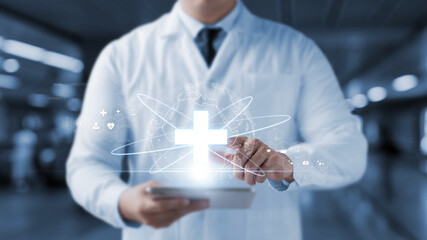 futuristic world of healthcare with doctors and digital technology, Global networking for medical...