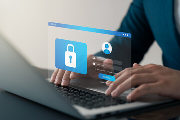 Cybersecurity and privacy concepts to protect data. Lock icon and internet network security technology. Businessmen protecting personal data on laptop and virtual interfaces.