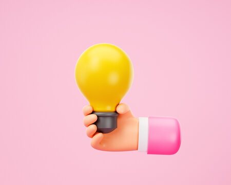 3d intelligence and creative idea concept. hand hold lightbulb on pink background. 3d rendering illustration