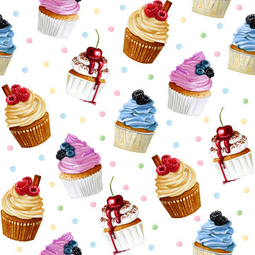 Sweet delicious watercolor pattern with cupcakes. Hand-drawn background