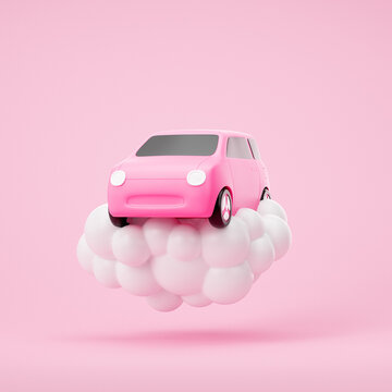3d car for rent service, car insurance, auto mobile business, online taxi service app, car icon on the cloud on pink background. 3d render illustration