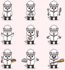 Vector Illustration of Cute Wolf wearing chef uniform. Flat Cartoon Style. Set of Cute Animal Characters in Chef Uniform. Vector illustration in isolated background.