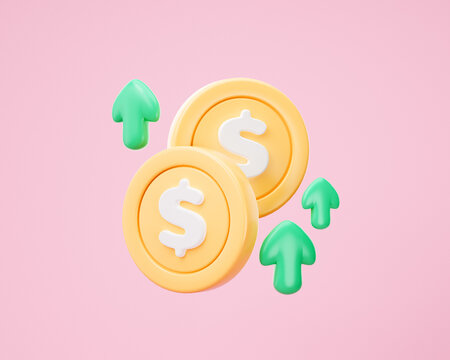 Green up arrow and coins on pink background. Financial success and growth concept of stock market. money rising trend Interest percentage increase, deposit. 3d rendering