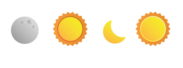 Various 3d sun and moon, crescent isolated icon. Realistic render of star and planet, full gray moon and yellow sunny. Celestial vector elements