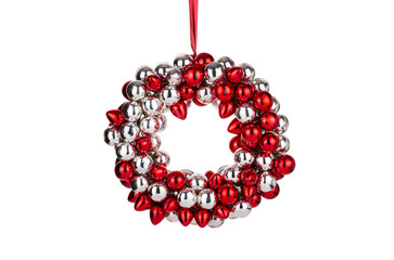 christmas wreath of red silver glass shiny balls isolated with clipping path. New Year decor