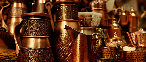 Beautiful decorated tableware made of copper at a flea market sale. Close-up of Turkish metal kitchenware in an antique shop. AI-generated