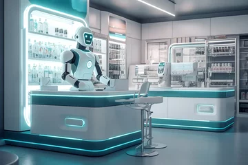 Zelfklevend Fotobehang Humanoid smart male robot, working in pharmacy industry, assistant in choosing medicine pills for customer service, information provision. Concept of high-tech assistant. Generative AI Technology © Valeriia
