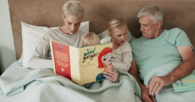 Bed, book and grandparents reading to grandchildren while in their home to relax together at a sleepover. Family, children and storytelling with kids in the bedroom, bonding with granny and grandpa