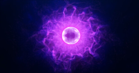 Purple energy sphere with glowing bright particles, atom with electrons and elektric magic field scientific futuristic hi-tech abstract background